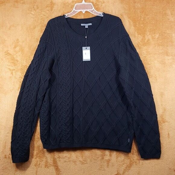 JOHN VARVATOS Sweater Mens XL Black Pullover Crew Cable Knit DOTEL $348 - Picture 1 of 9